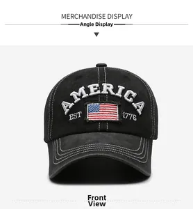 Detailed embroidery of America text and US flag on vintage washed black baseball cap