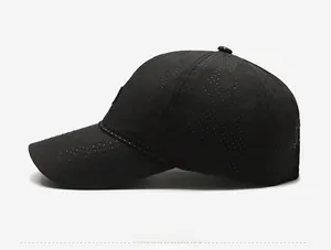 Side view of black mesh baseball cap showing breathable texture and curved brim detail