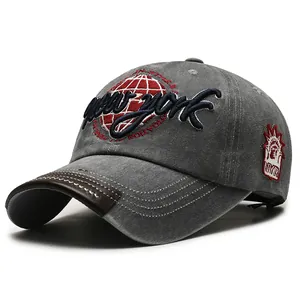 Casquette vintage en coton délavé gris avec broderie New York et visière en cuir marron