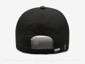 Rear view of black mesh baseball cap with adjustable metal buckle and breathable fabric