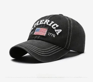 Macro view of vintage washed black cotton baseball cap with 3D America flag embroidery