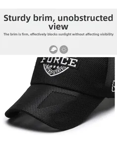 Detail of black breathable mesh baseball cap with high-quality white Force embroidery