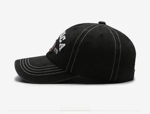 Side view of washed black cotton baseball cap with American flag 1776 embroidery