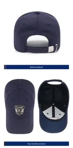 Detail view of navy baseball cap with gold R embroidery, metal buckle and inner structure