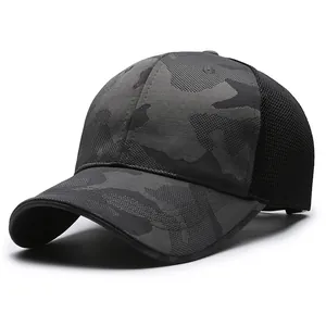 Outdoor mesh baseball cap with dark camouflage pattern and breathable back