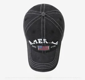 Top down macro view of vintage washed canvas baseball cap with 1776 AMERICA embroidery