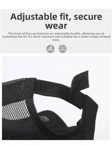 Detail of adjustable hook and loop fastener on black mesh breathable sports sun hat