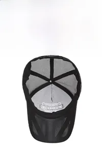 Detail view of breathable mesh texture and white logo embroidery inside the black truck cap