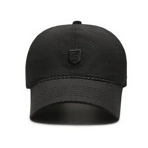 Quick-dry breathable black baseball cap with shield R embroidery and mesh texture