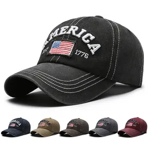 Vintage Washed Cotton Baseball Cap America Flag 1776 Embroidery Distressed Adjustable Sun Protection Hat For Men Women