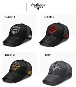 Detail view of four breathable mesh baseball caps featuring 3D shield embroidery designs