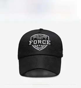 Close-up of mesh trucker hat featuring white embroidered New York 1985 Force patch