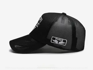 Detail view of black summer mesh baseball cap with embroidered Force wing patch