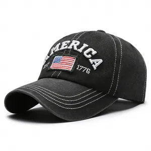 Vintage washed black baseball cap with America embroidery and 1776 flag patch detail