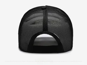 Rear view of black breathable mesh trucker hat with adjustable snapback strap and top button