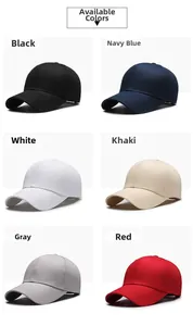 Collection of six-panel baseball caps in black, navy, white, khaki, grey, and red