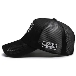 Black mesh trucker hat with Force and New York embroidery patches for breathability
