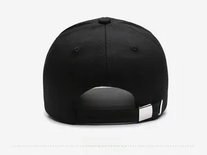 Close-up of the back view of a black baseball cap with an adjustable silver metal buckle