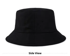 Detailed side view of a black cotton bucket hat featuring ventilation eyelets and stitching