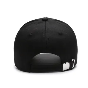 Classic black baseball cap with structured panels and adjustable silver metal buckle on back