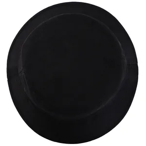 Top view of a minimalist black cotton bucket hat with fine stitching on white background