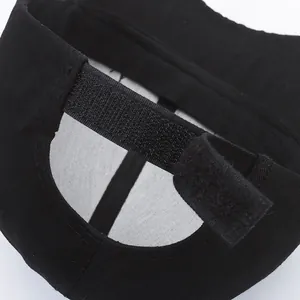 Rear view of black baseball cap showing the adjustable velcro strap and canvas texture