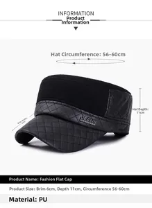 Dettaglio cappello militare nero con visiera in pelle PU trapuntata e dimensioni
