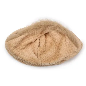Winter warm plush beret in apricot with faux fur trim and cozy honeycomb texture