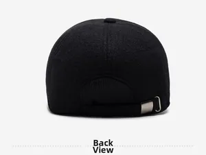 Detail view of the black winter baseball cap back with adjustable metal buckle and warm fabric