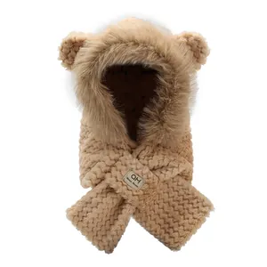 Thick warm camel hooded scarf with cute bear ears and plush trim for children