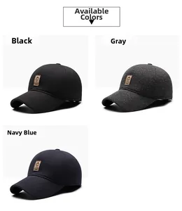 Three men's winter baseball caps shown in black, grey, and navy blue wool fabric