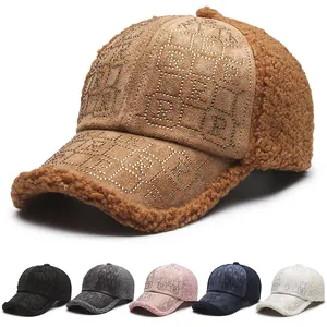 Women Fashion Sherpa Fleece Suede Patchwork Baseball Cap Rhinestone R Letter Autumn Winter Warm Outdoor Adjustable Hat