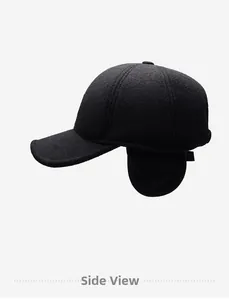 Close-up of black wool winter baseball cap with foldable earflaps for cold protection