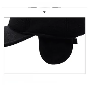 Detailed close-up of a black winter baseball cap featuring folding warm ear flaps