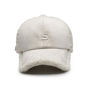 Winter faux suede baseball cap in cream white with sherpa lining and S embroidery