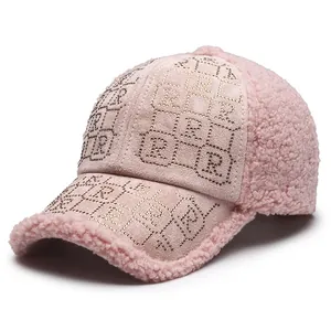 Pink fleece baseball cap for women with rhinestone R pattern and warm lamb wool brim