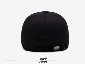 Back view of black baseball cap with adjustable metal buckle and twill fabric texture