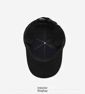 Detail of black winter baseball cap inner lining with earflaps and metal pin