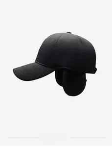 Detail view of winter baseball cap with ear flaps and thick wool-like texture