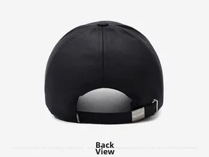 Back view of black baseball cap showing metal buckle and brand label detail