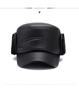 Front view of black leather winter hat for men featuring textured PU and plush ear flaps