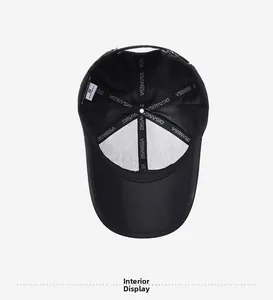 Interior details of men's baseball cap featuring sweatband and branded lining seams