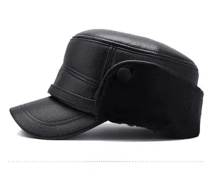 Side view of men's winter PU leather military cap with thick faux fur ear flaps
