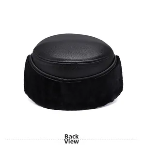 Detailed back view of a black winter hat with faux leather texture and thick fur lining