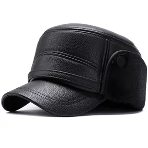 Men Faux Leather Winter Hat With Ear Flaps Warm Fleece Lined Flat Top Cap Windproof Waterproof Outdoor Hat For Elderly
