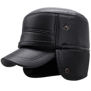 Winter faux leather flat top cap with ear flaps and warm lining for elderly men
