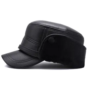 Winter faux leather flat top cap for men featuring warm ear flaps and faux fur lining