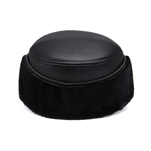 Men's black PU leather winter cap with thick faux fur trim for elderly warmth