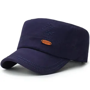Classic navy blue cotton flat top military cap with sport leather patch and stitching