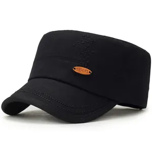 Minimalist black cotton flat top military cap with sport badge and embroidery
